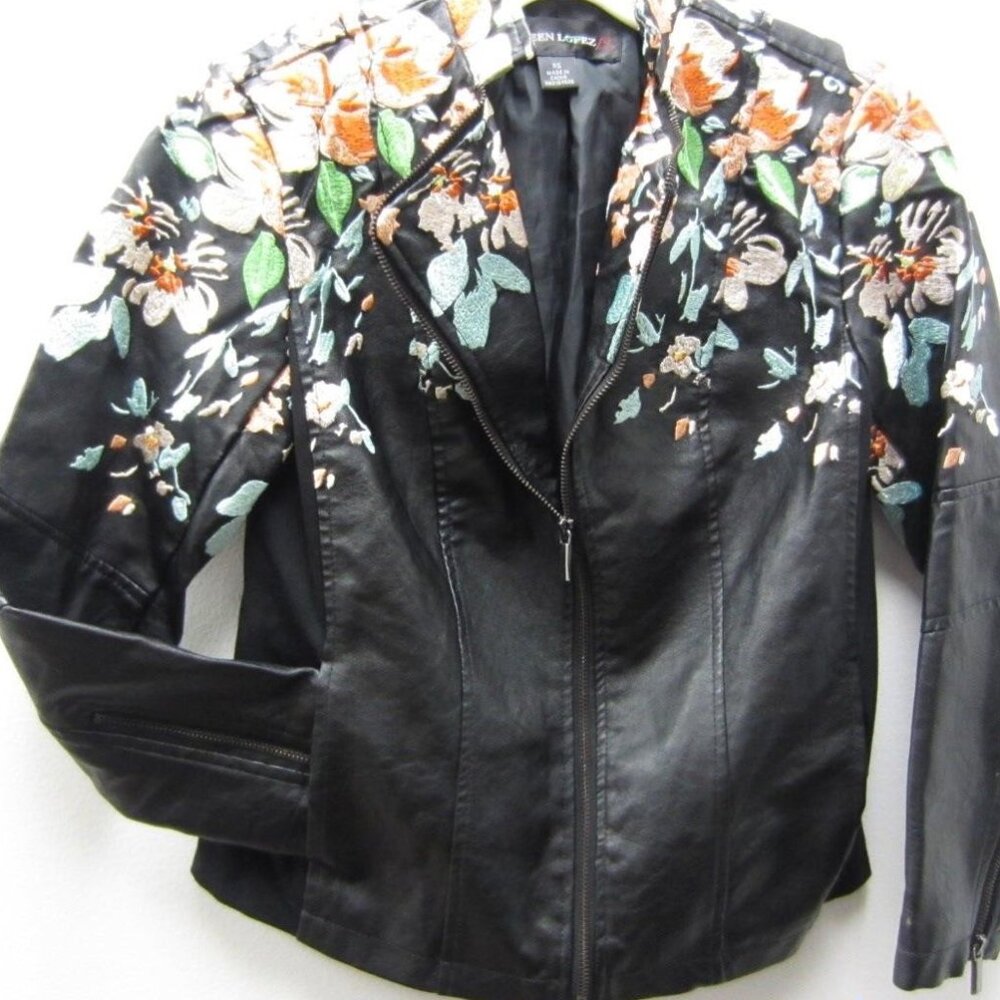 The Colleen Lopez Women's Floral Embroidered Black Leather Jacket